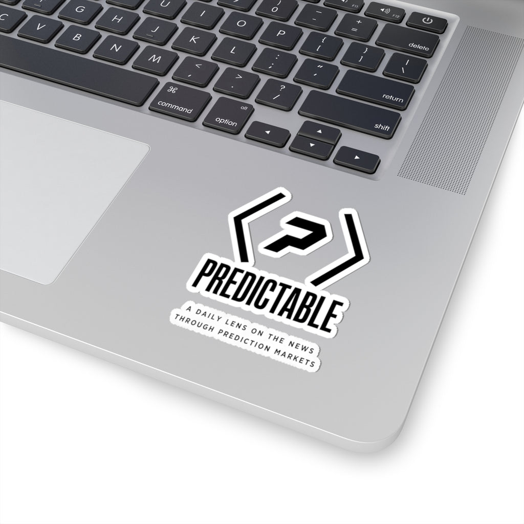 PREDICTABLE logo, wordmark and tagline sticker on a silver laptop.