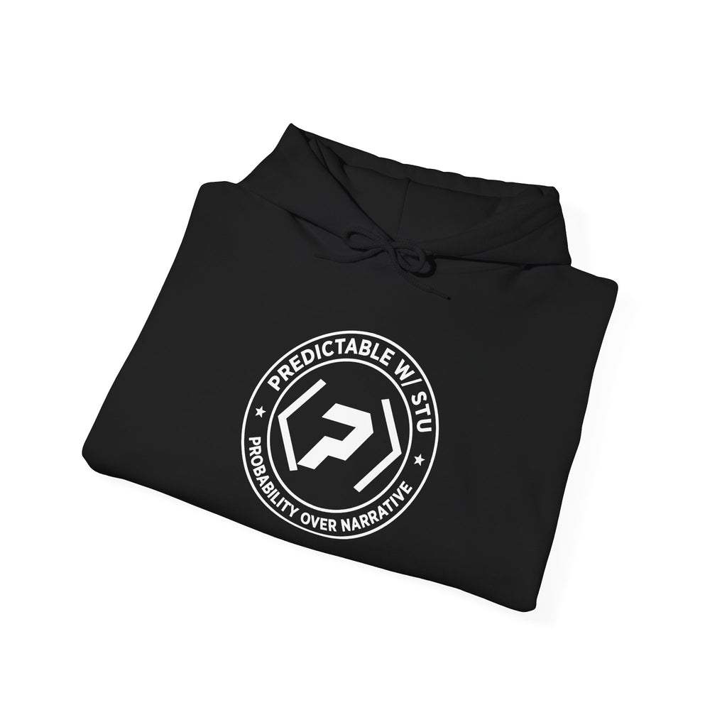 Folded black PREDICTABLE Badge Crest Hoodie showing the front graphic.