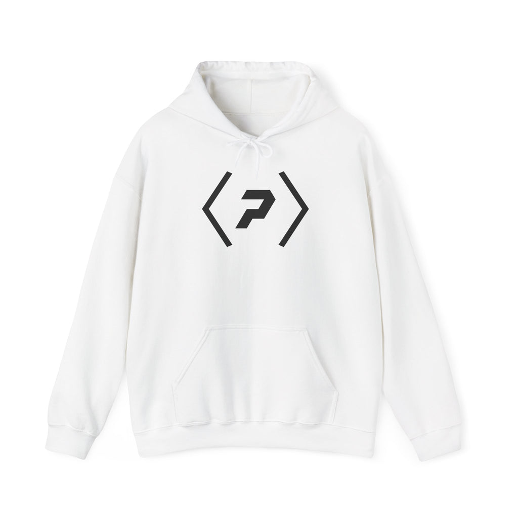 Front of the white PREDICTABLE Official Logo Hoodie showing the chest graphic.