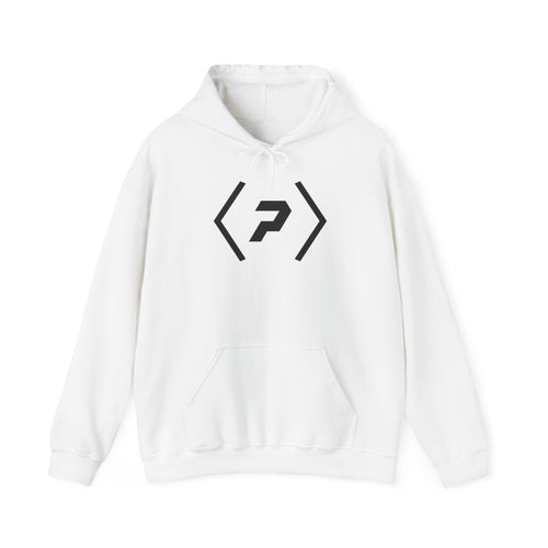 Front of the white PREDICTABLE Official Logo Hoodie showing the chest graphic.