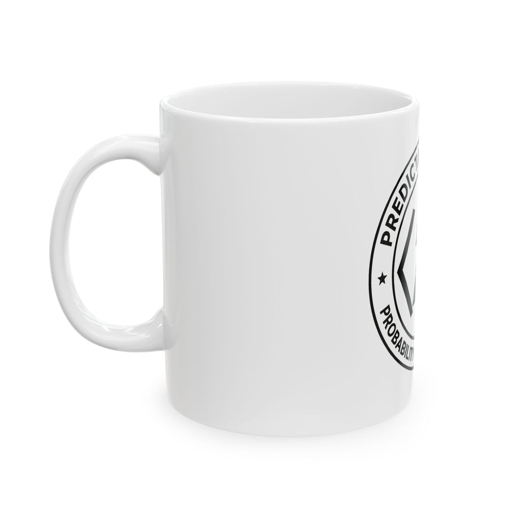 White PREDICTABLE Badge Crest mug, 11 oz, left-handle side view