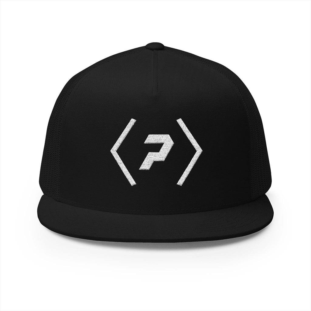 Front of the black PREDICTABLE Official Logo Trucker Cap showing white embroidery.