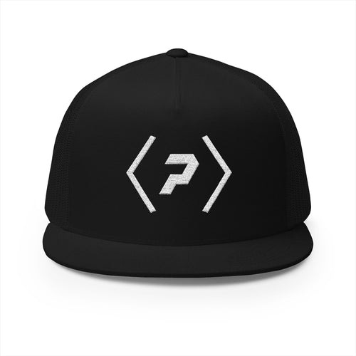 Front of the black PREDICTABLE Official Logo Trucker Cap showing white embroidery.