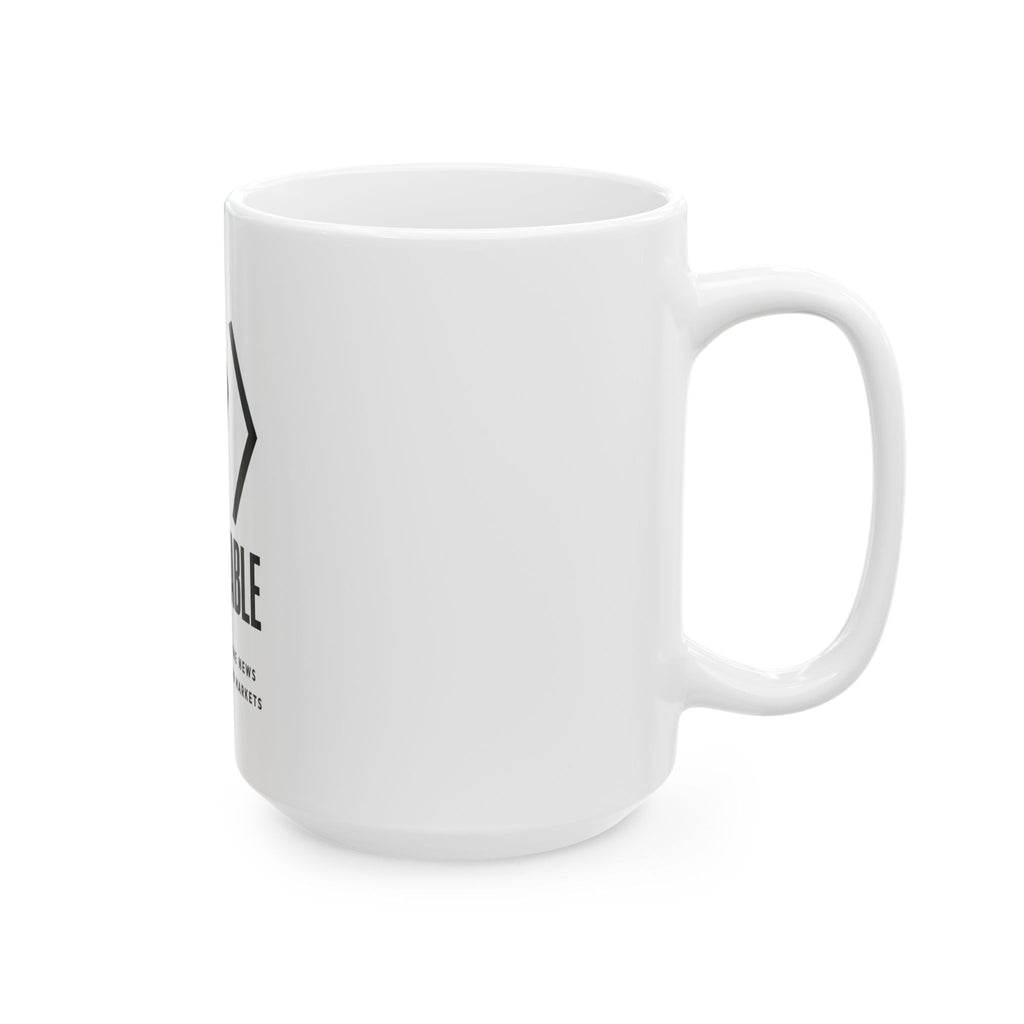 Alternate side view of the white PREDICTABLE Wordmark Lockup Mug with the handle on the right.
