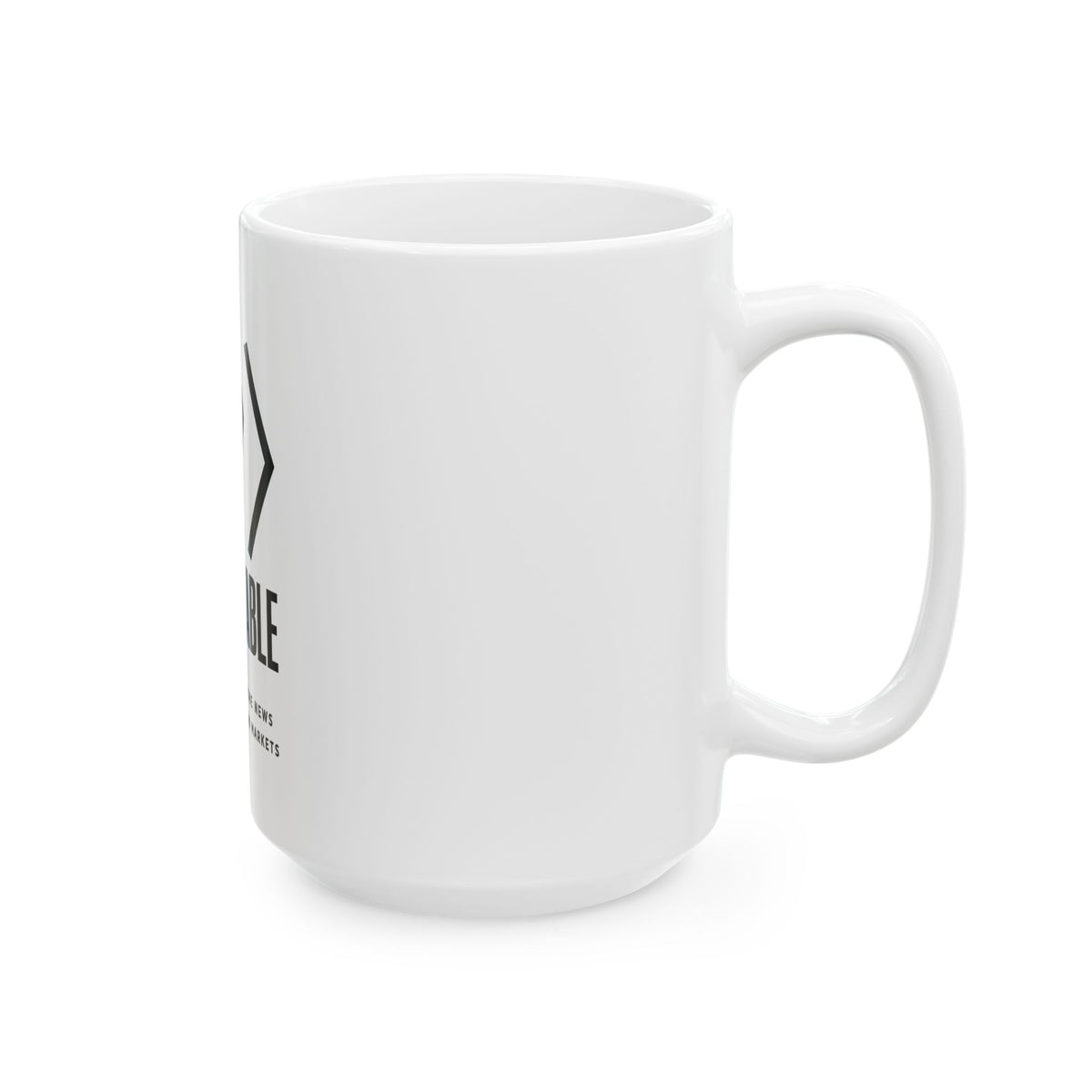Alternate side view of the white PREDICTABLE Wordmark Lockup Mug with the handle on the right.