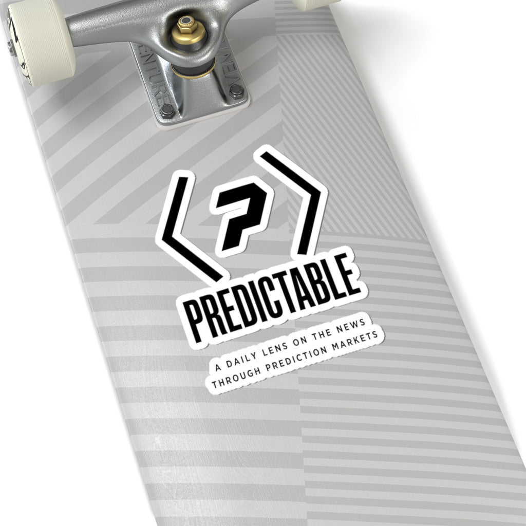 PREDICTABLE logo, wordmark and tagline sticker on the underside of a skateboard.