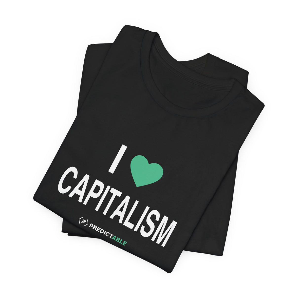 Folded black I Heart Capitalism T-shirt with mint heart, white lettering and PREDICTABLE wordmark