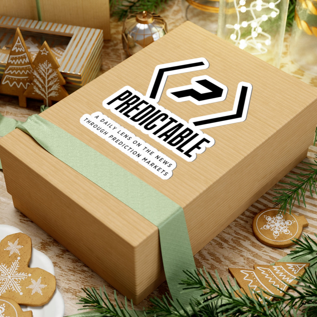 PREDICTABLE logo, wordmark and tagline sticker on a wrapped gift box.