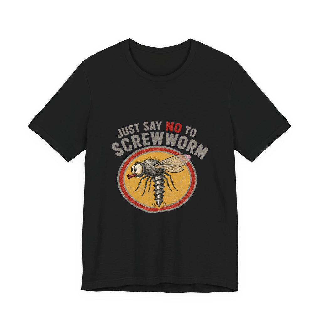 Front of the black Just Say No to Screwworm Unisex Tee showing the chest graphic.