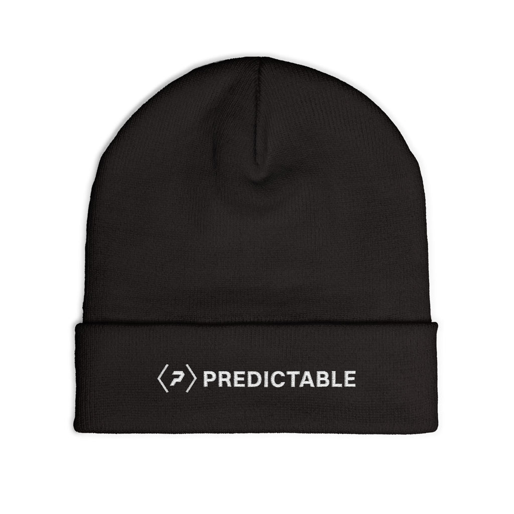 Flat front view of the black PREDICTABLE Wordmark Lockup Beanie showing white embroidery.