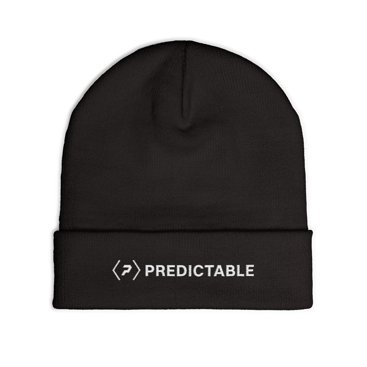 Flat front view of the black PREDICTABLE Wordmark Lockup Beanie showing white embroidery.