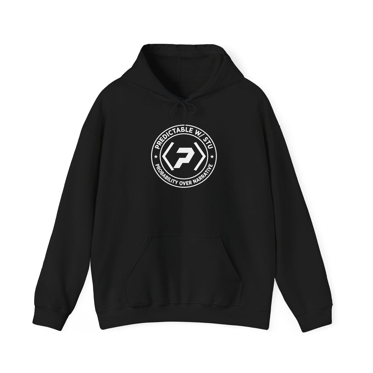 Front of the black PREDICTABLE Badge Crest Hoodie showing the chest graphic.