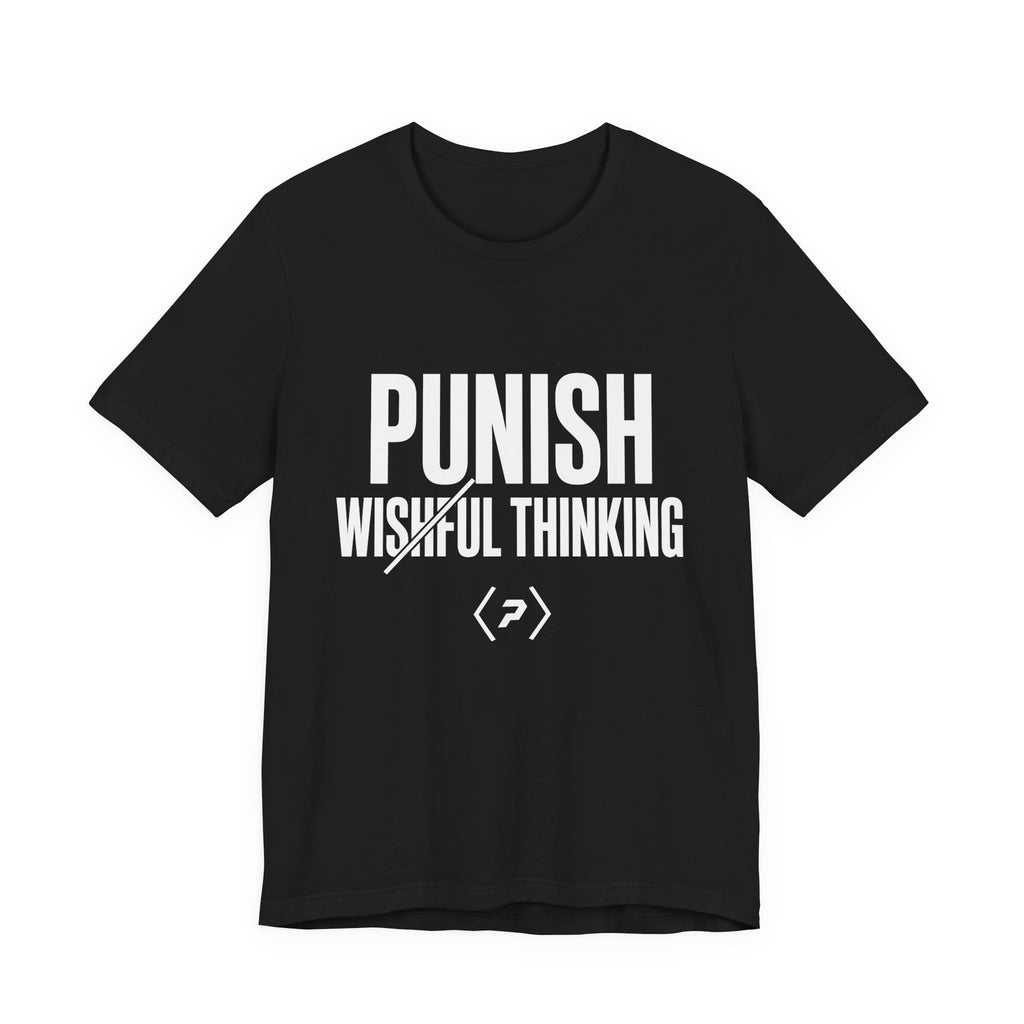 Front of the black PREDICTABLE Punish Wishful Thinking Tee showing the chest graphic.