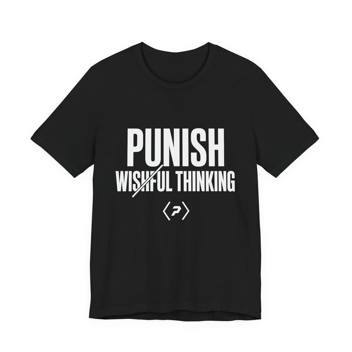 Front of the black PREDICTABLE Punish Wishful Thinking Tee showing the chest graphic.