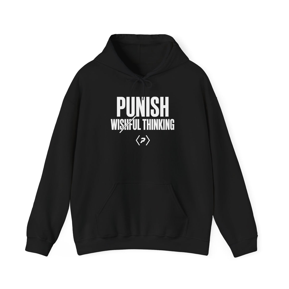 Front of the black PREDICTABLE Punish Wishful Thinking Hoodie showing the chest graphic.