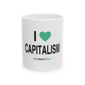 White 11 oz I Heart Capitalism ceramic mug with mint heart, black lettering and PREDICTABLE wordmark
