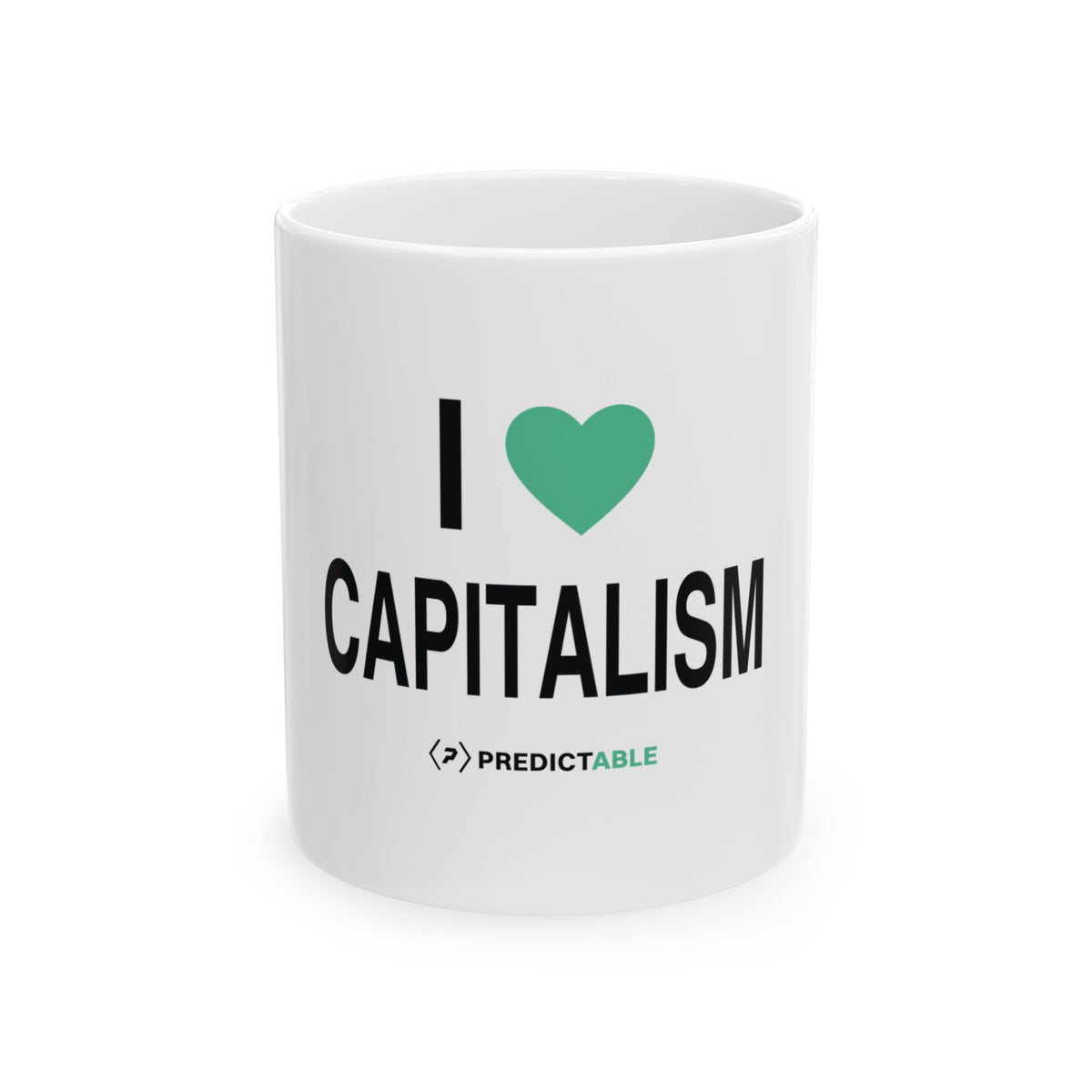 White 11 oz I Heart Capitalism ceramic mug with mint heart, black lettering and PREDICTABLE wordmark