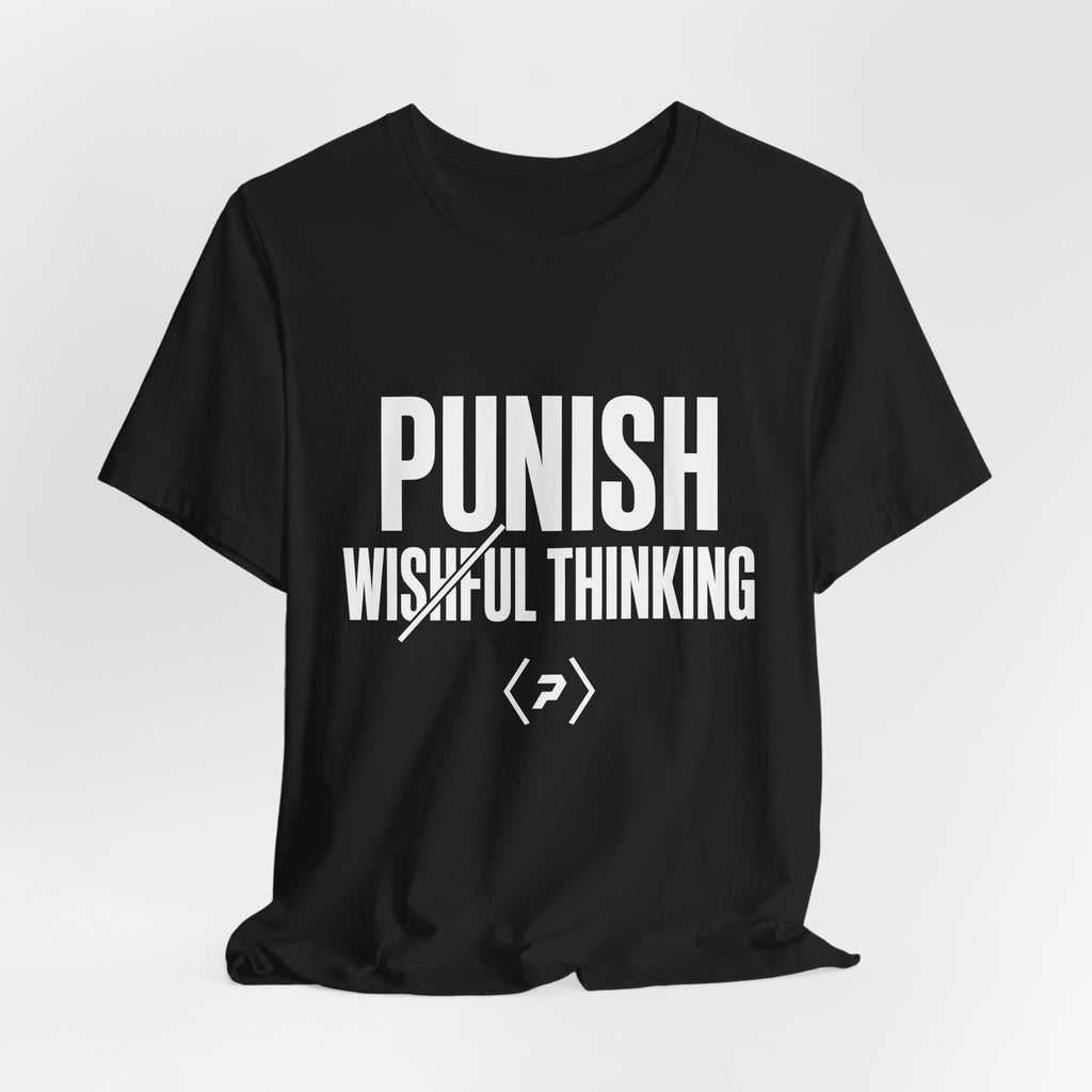 Black PREDICTABLE Punish Wishful Thinking Tee draped against a light gray backdrop.