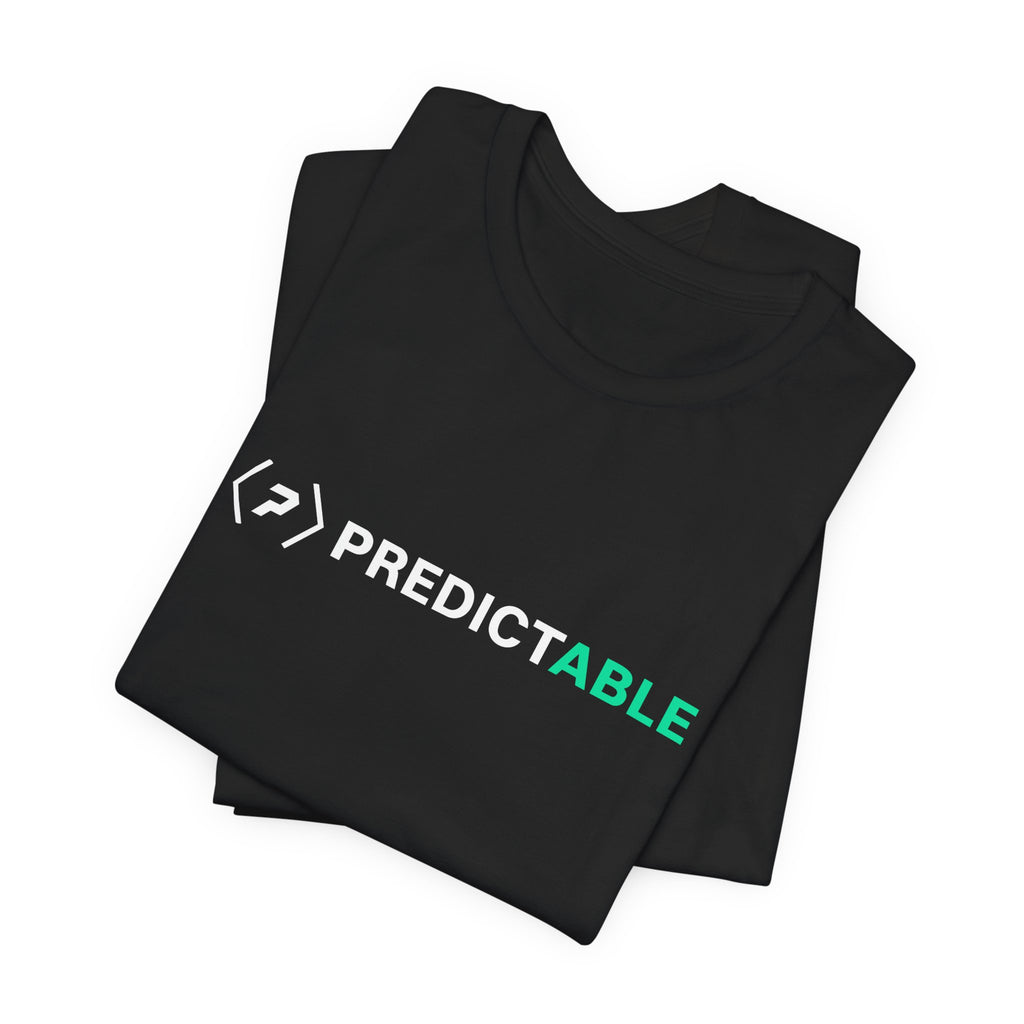 Folded black PREDICTABLE Horizontal Lockup tee showing the white official logo and white-and-green wordmark across the front.