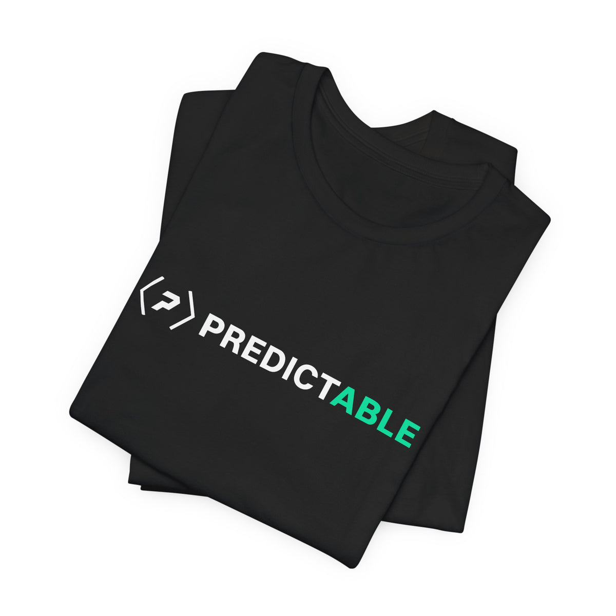 Folded black PREDICTABLE Horizontal Lockup tee showing the white official logo and white-and-green wordmark across the front.