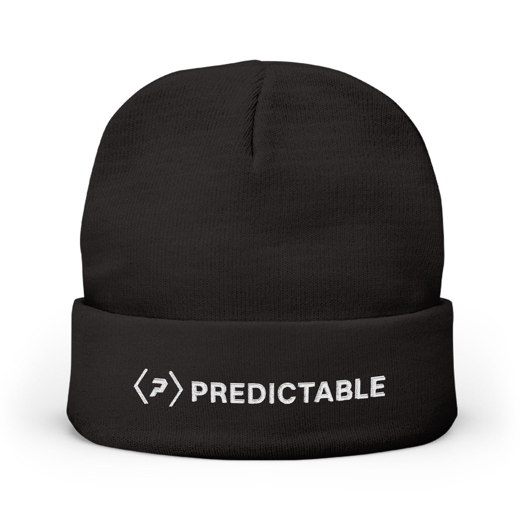 Front of the black PREDICTABLE Wordmark Lockup Beanie showing white embroidery on the folded cuff.
