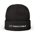 Front of the black PREDICTABLE Wordmark Lockup Beanie showing white embroidery on the folded cuff.