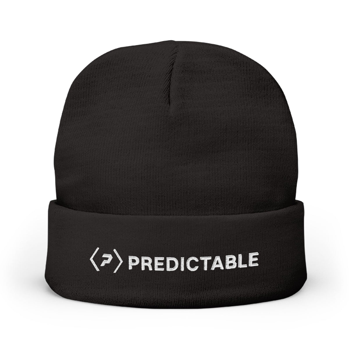 Front of the black PREDICTABLE Wordmark Lockup Beanie showing white embroidery on the folded cuff.