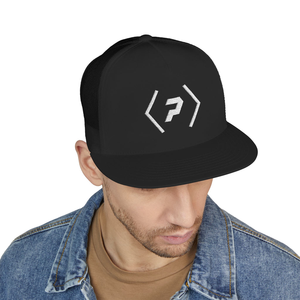 Person wearing the black PREDICTABLE Official Logo Trucker Cap, showing its embroidered front.