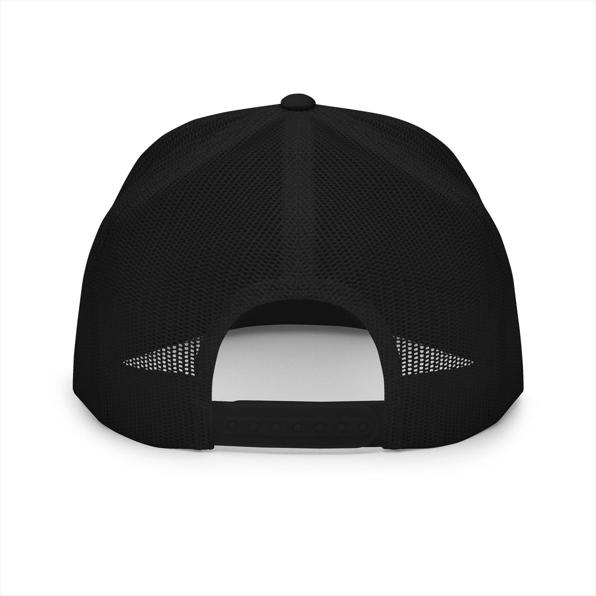 Back of the black PREDICTABLE Official Logo Trucker Cap showing mesh panels and the snap closure.