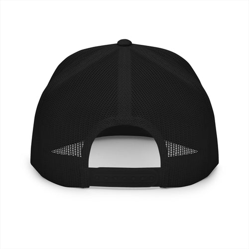 Back of the black PREDICTABLE Official Logo Trucker Cap showing mesh panels and the snap closure.