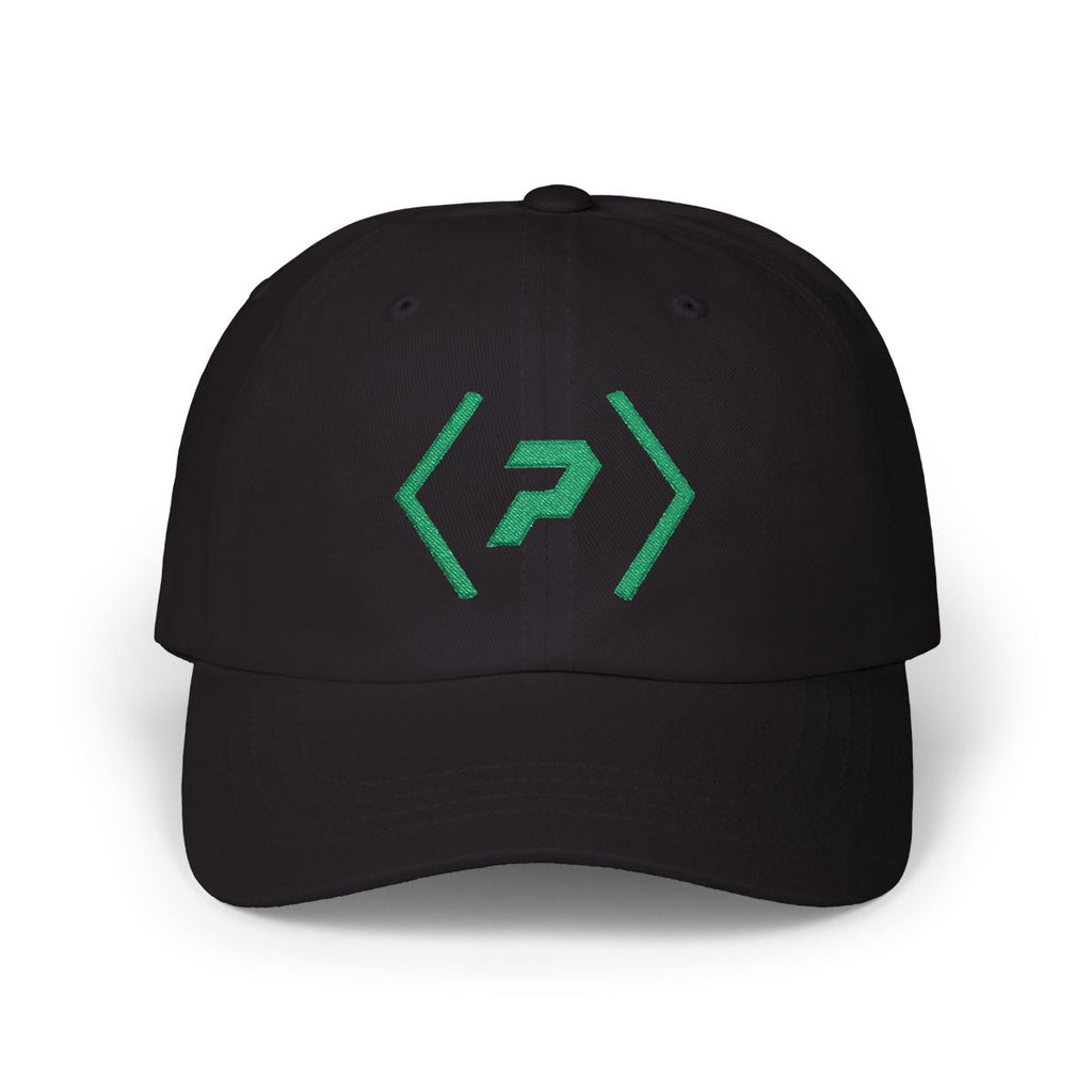 Front view of the black PREDICTABLE Official Logo Dad Cap with Kelly Green embroidery.