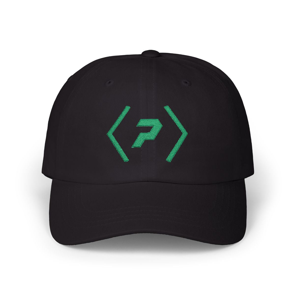 Front view of the black PREDICTABLE Official Logo Dad Cap with Kelly Green embroidery.
