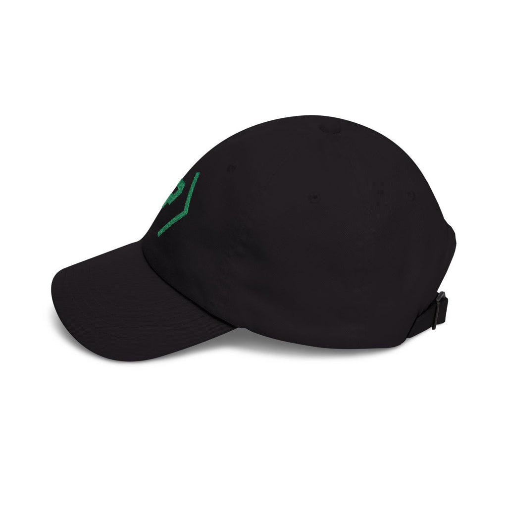 Left view of the black PREDICTABLE Official Logo Dad Cap with Kelly Green embroidery.