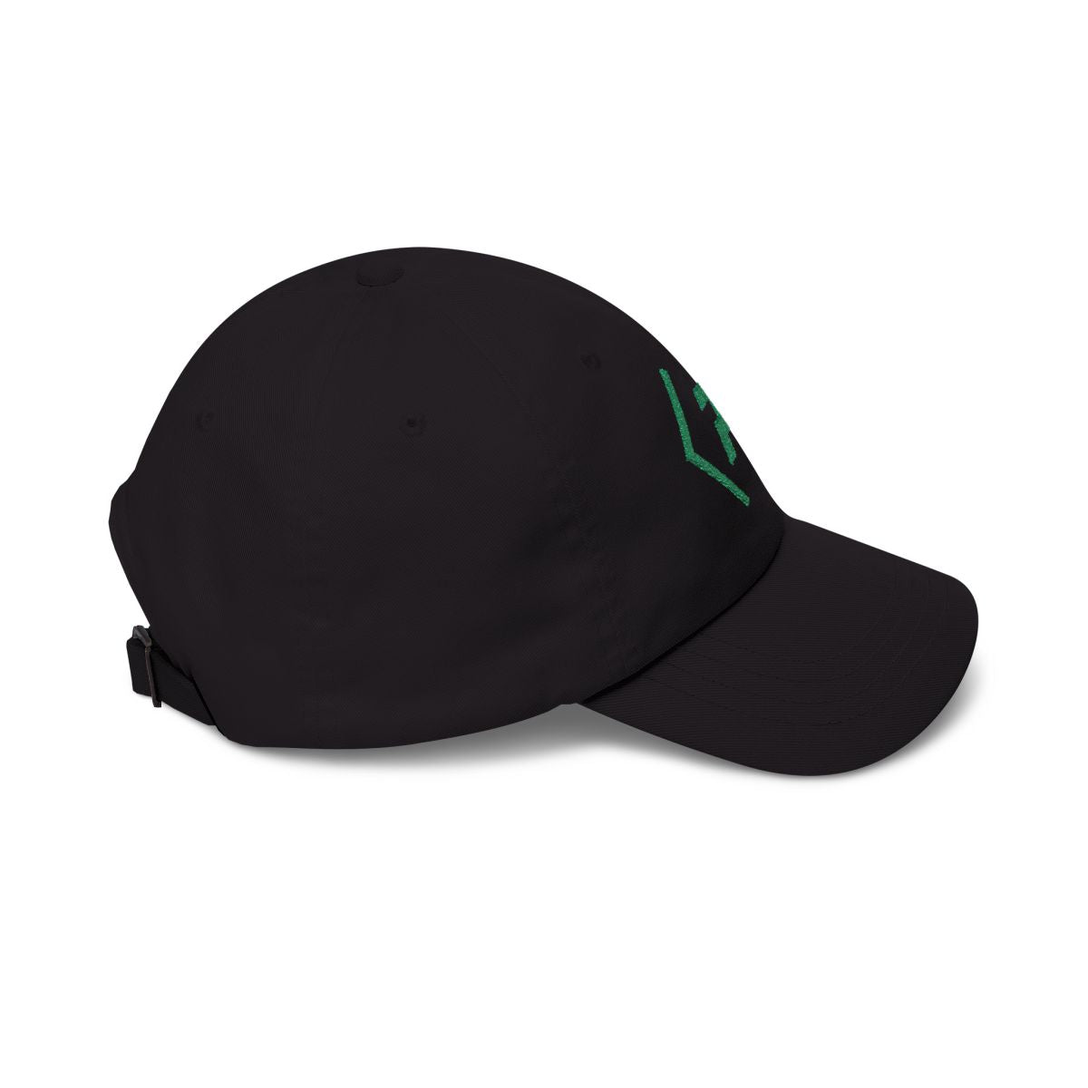 Right view of the black PREDICTABLE Official Logo Dad Cap with Kelly Green embroidery.