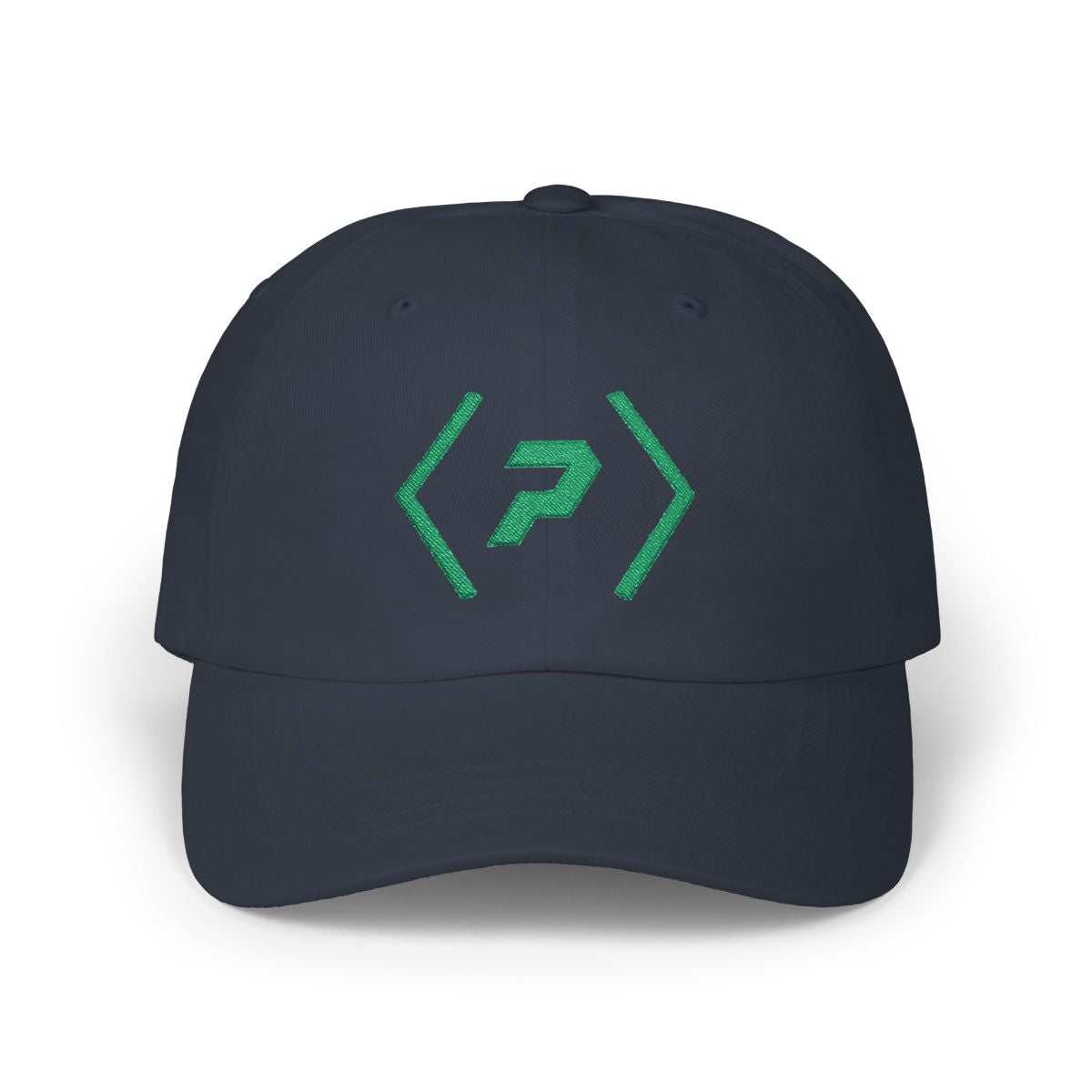 Front view of the navy PREDICTABLE Official Logo Dad Cap with Kelly Green embroidery.