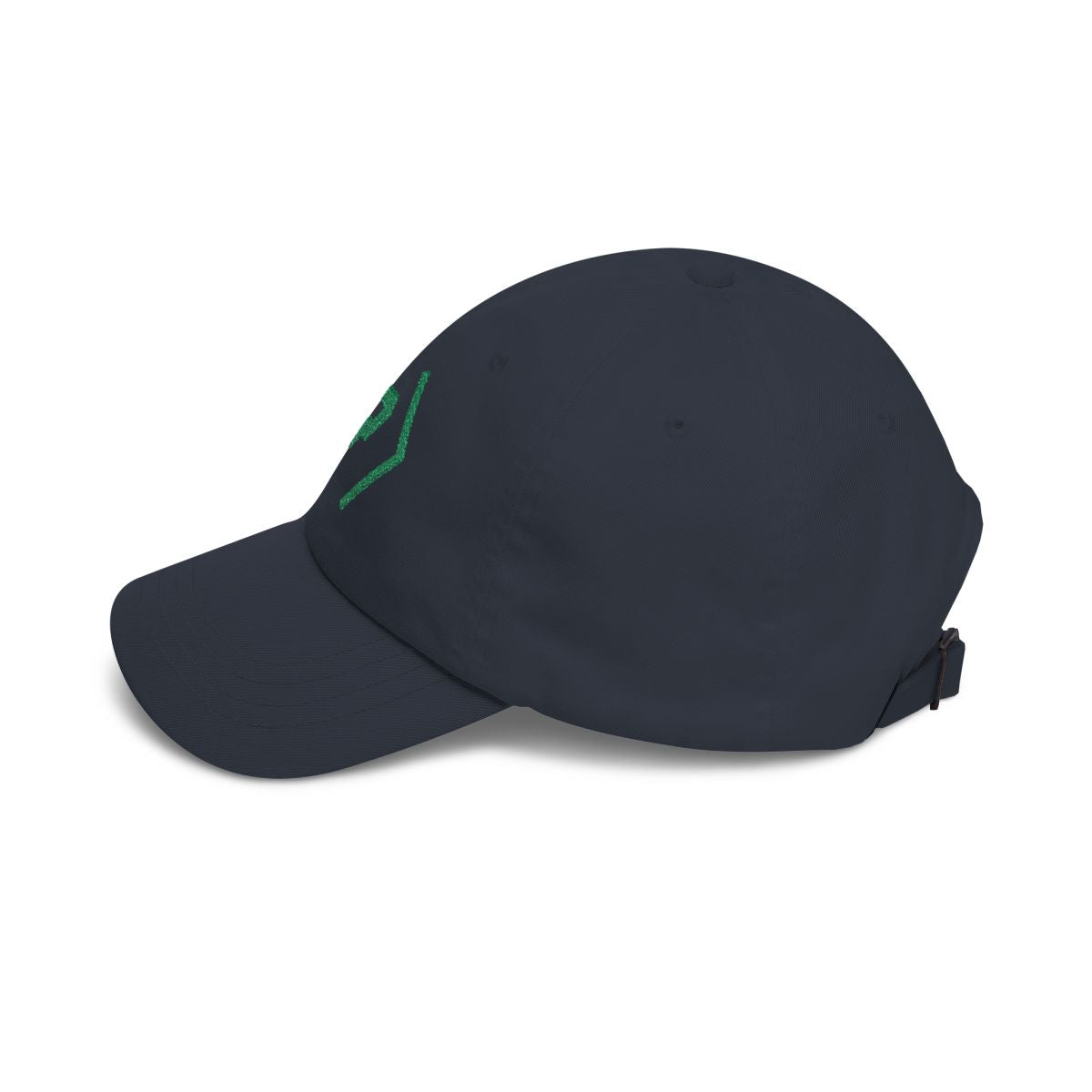 Left view of the navy PREDICTABLE Official Logo Dad Cap with Kelly Green embroidery.