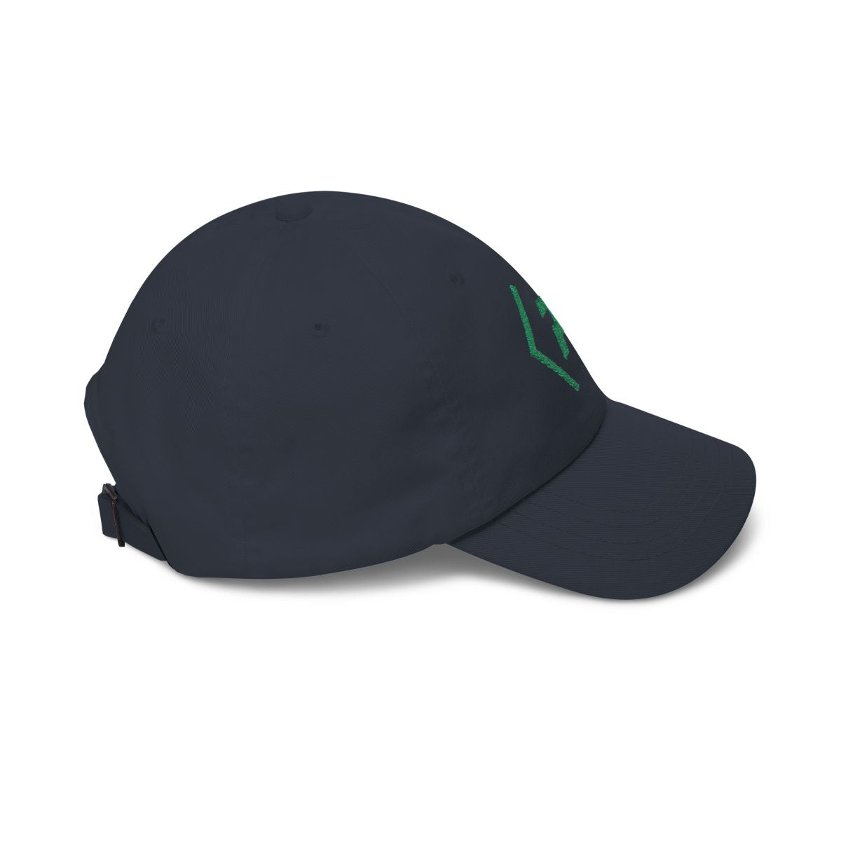 Right view of the navy PREDICTABLE Official Logo Dad Cap with Kelly Green embroidery.
