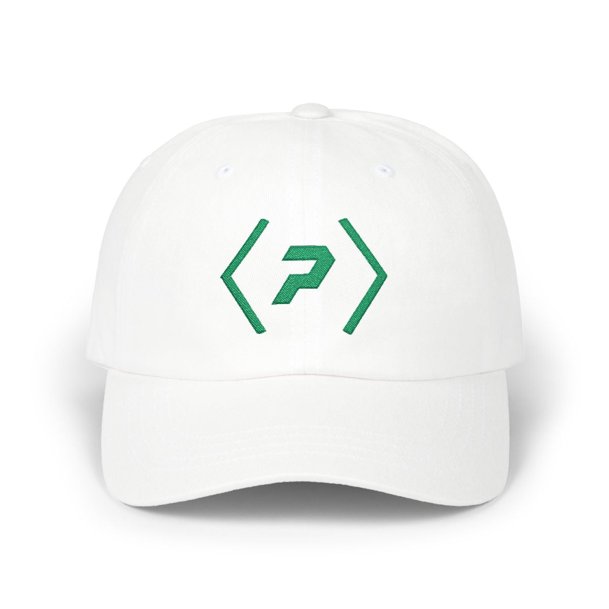 Front view of the white PREDICTABLE Official Logo Dad Cap with Kelly Green embroidery.