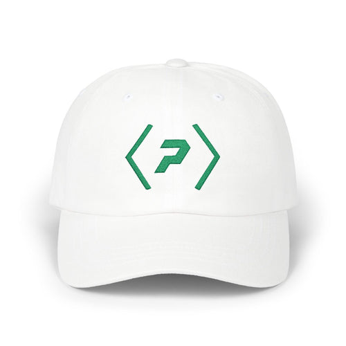 Front view of the white PREDICTABLE Official Logo Dad Cap with Kelly Green embroidery.