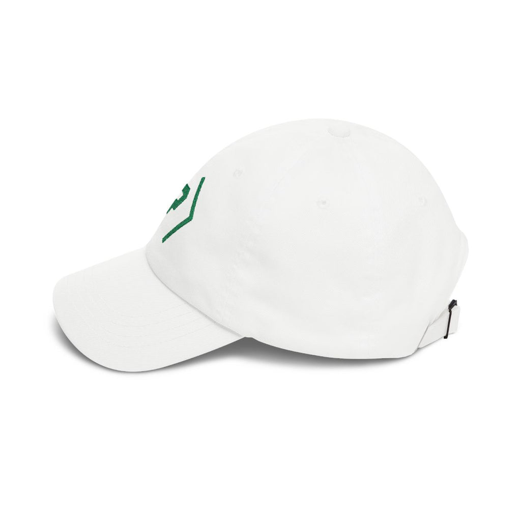 Left view of the white PREDICTABLE Official Logo Dad Cap with Kelly Green embroidery.