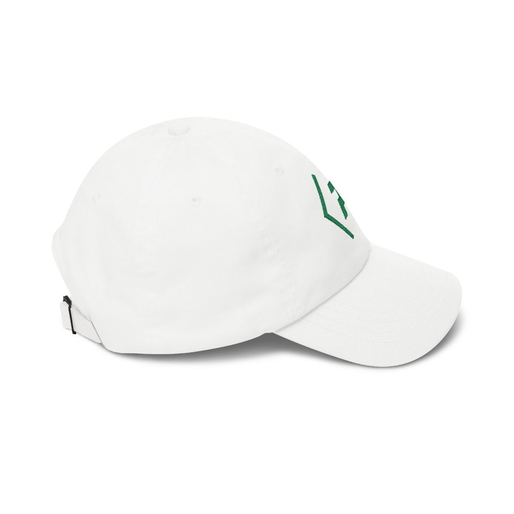 Right view of the white PREDICTABLE Official Logo Dad Cap with Kelly Green embroidery.