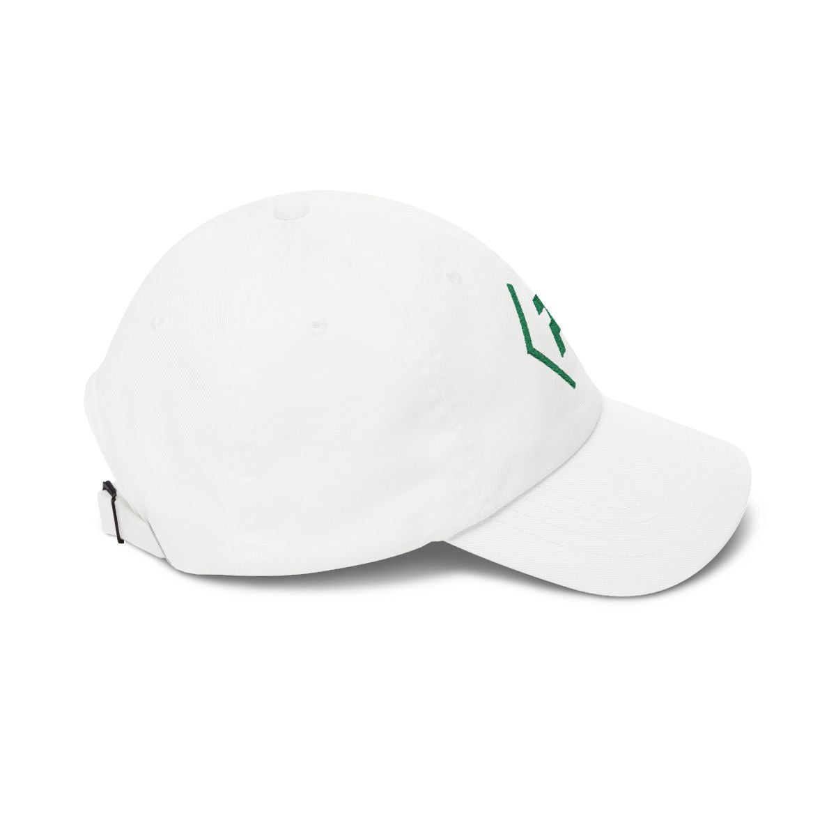 Right view of the white PREDICTABLE Official Logo Dad Cap with Kelly Green embroidery.
