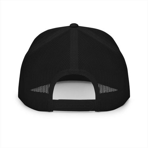 Back of the black PREDICTABLE Wordmark Lockup Trucker Cap showing mesh panels and the snap closure.