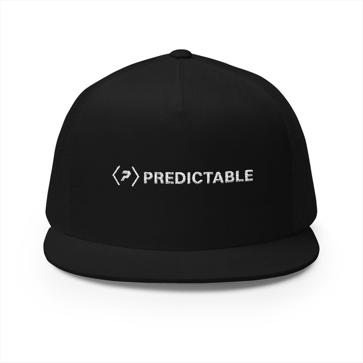 front view of the black PREDICTABLE Trucker Cap with the white horizontal logo.