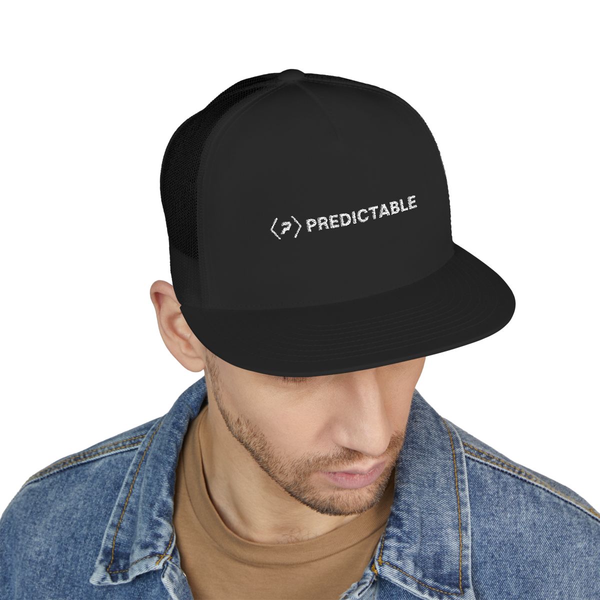 person front view of the black PREDICTABLE Trucker Cap with the white horizontal logo.