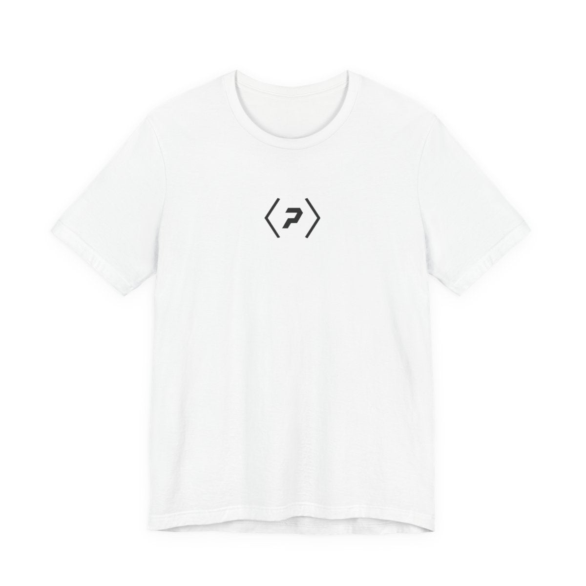 Front of a white unisex tee with a small black official PREDICTABLE logo centered on the upper chest.